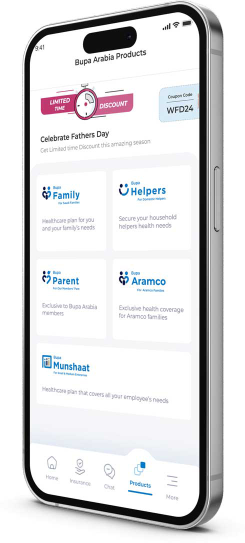 Bupa Arabia mobile app interface showing digital health services
