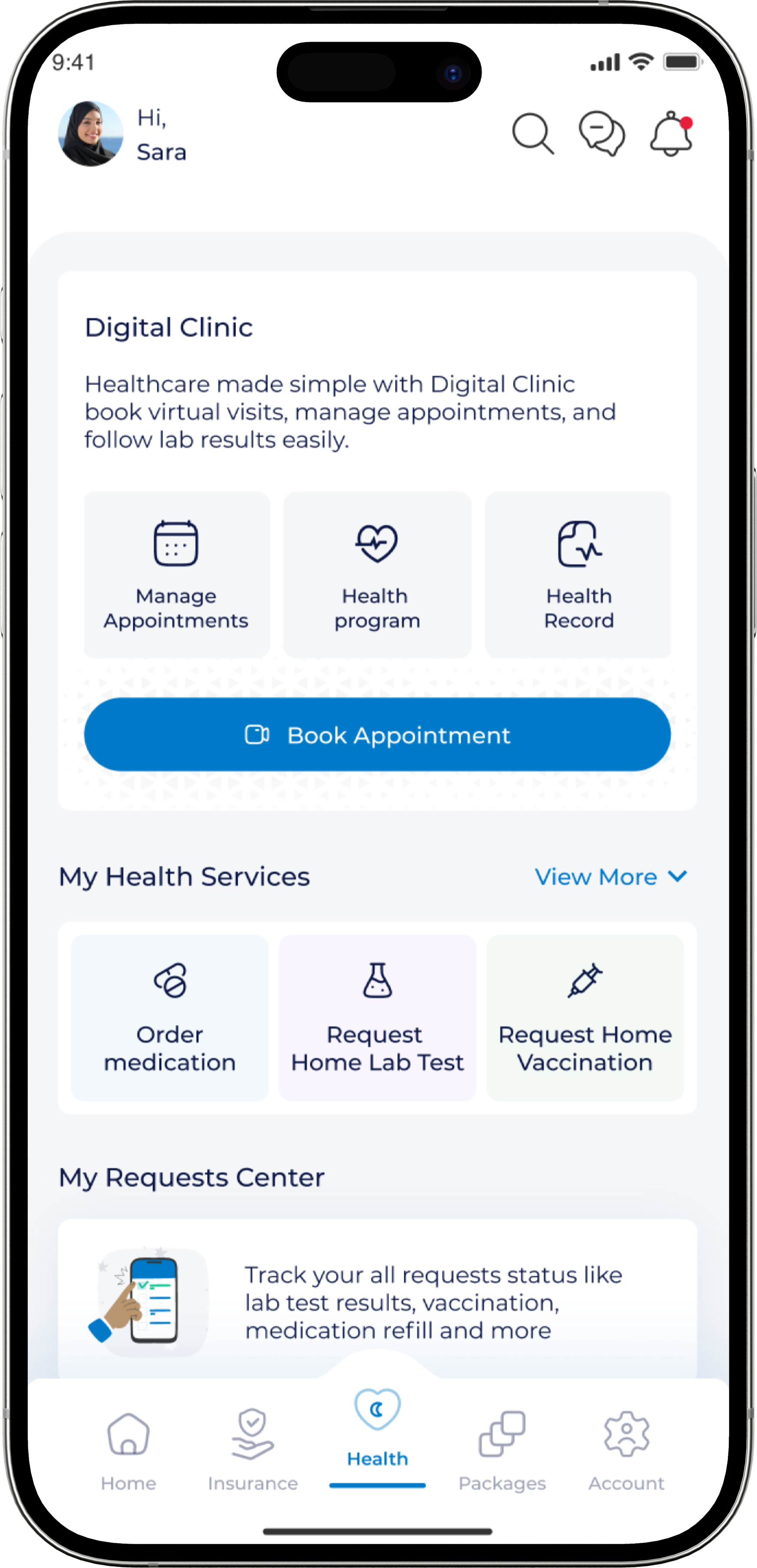 Digital Clinic Mobile App Primary View